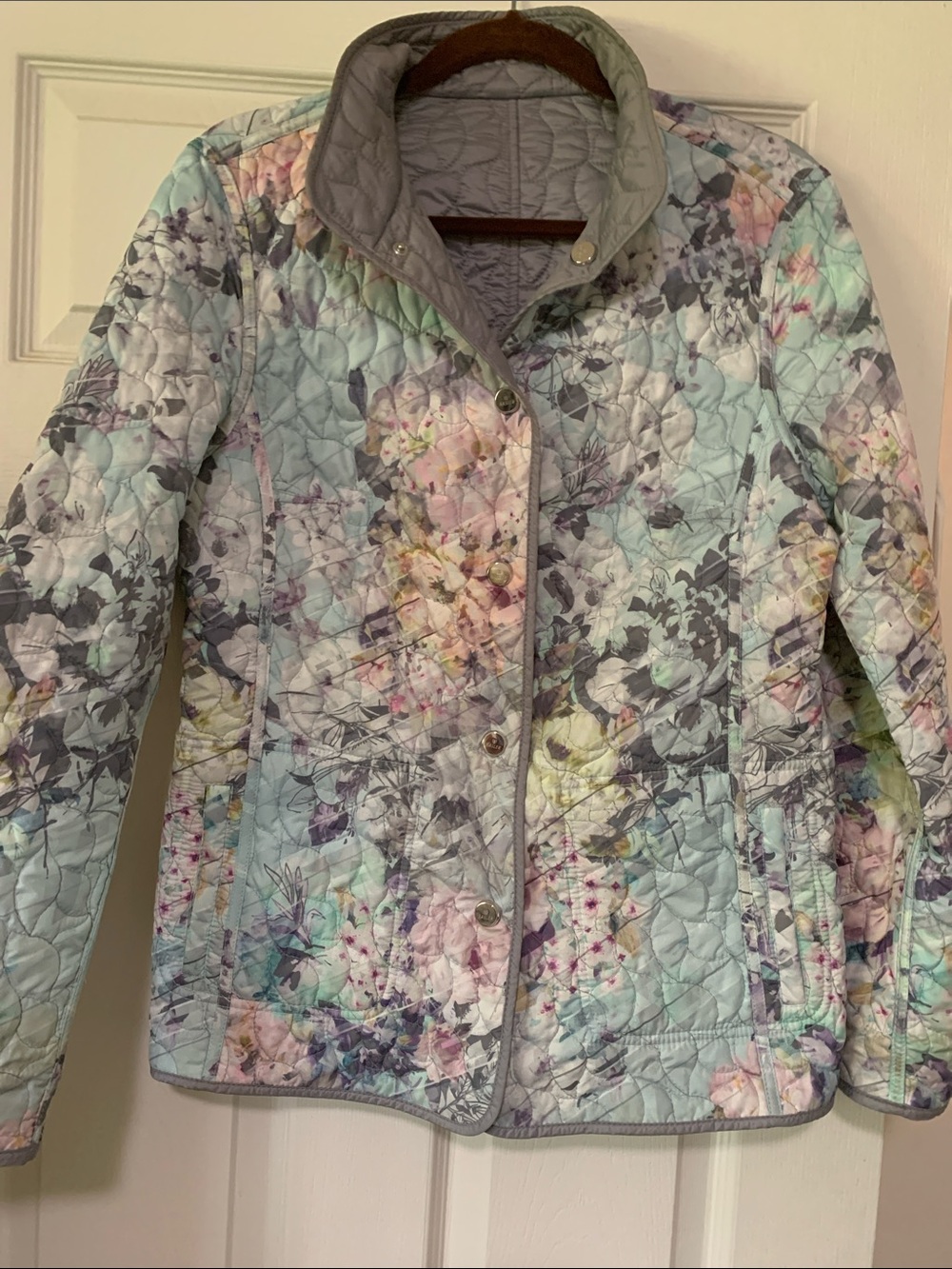 Basler Quilted Floral Puffer Jacket in Mint, Lavender and Gray